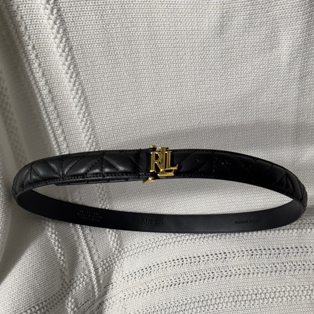 Ralph Lauren Quilted Black Leather Quilted Belt with Gold RL Buckle
